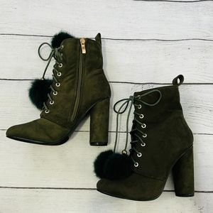 Catherine malandrino lace up ankle boots with pompom details in olive green